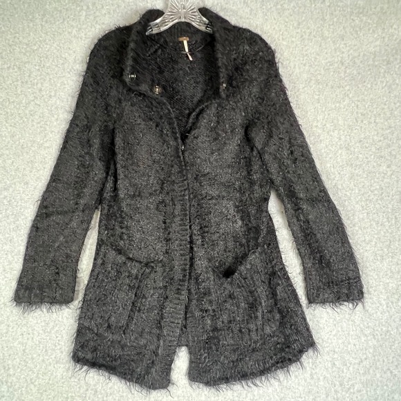 Free People Sweaters - Free People XS Shaggy Jacket Black Fuzzy Knit Cardigan Sweater‎ Pockets Grunge
